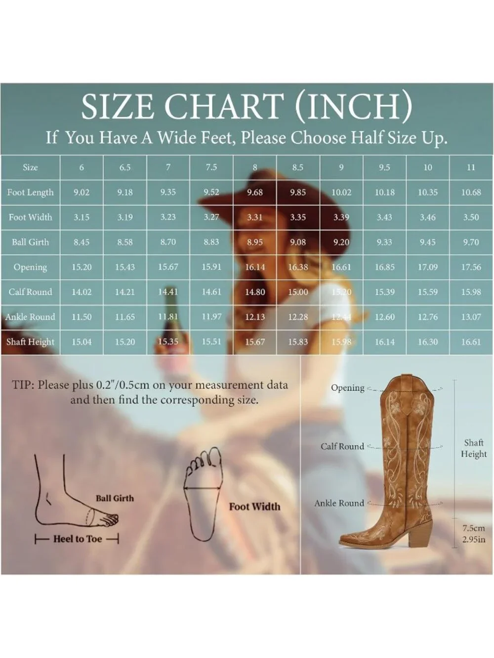 Women's Floral Brown Knee High Cowgirl Boots Embroidered Pointed Toe Chunky Heel